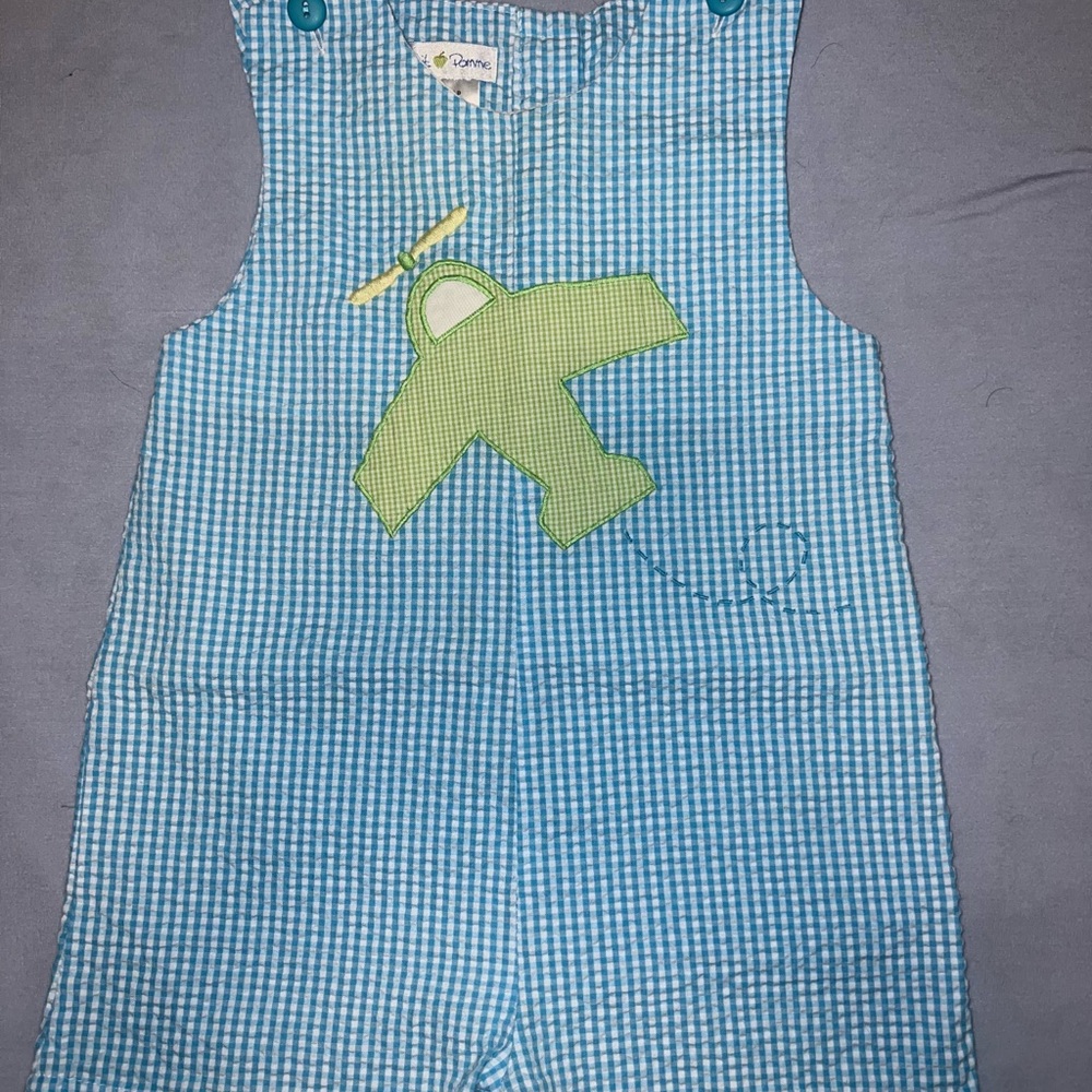 Cute Blue Gingham Overalls with Airplane